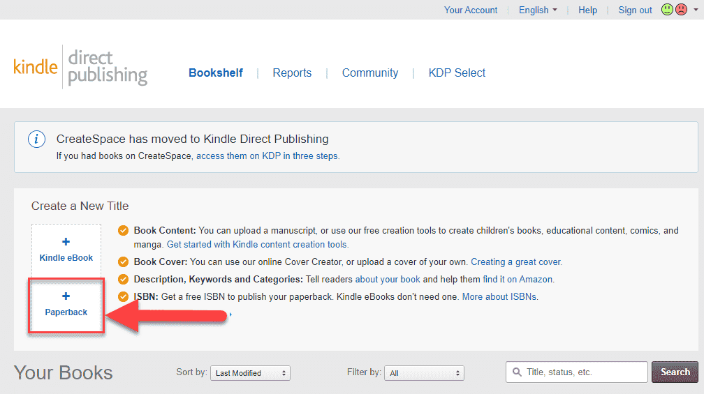 Home page, i.e. Bookshelf, of Kindle Direct Publishing (KDP).