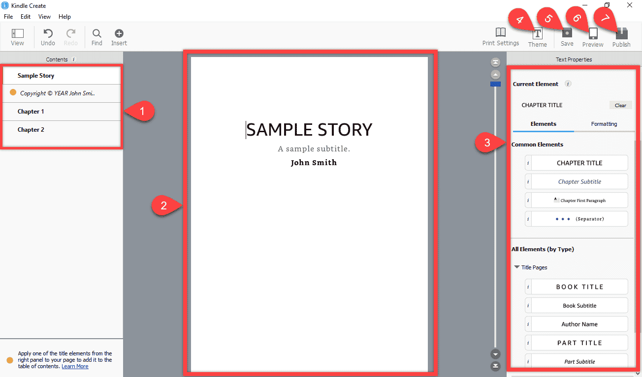Step annotated screenshot of the Kindle Create software.