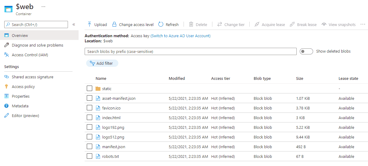 Screenshot showing the $web folder in the storage account.