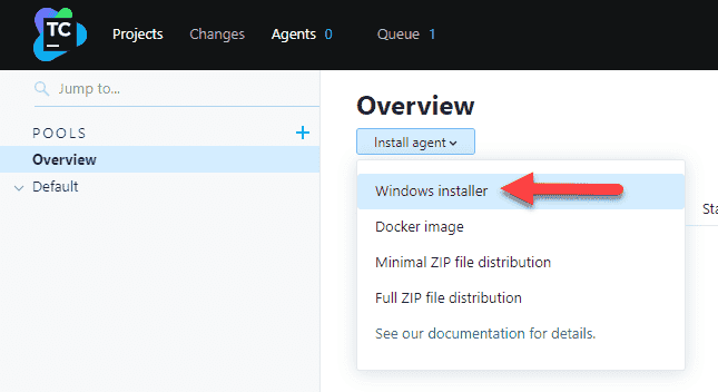 Screenshot showing how to download TeamCity's Windows installer software.