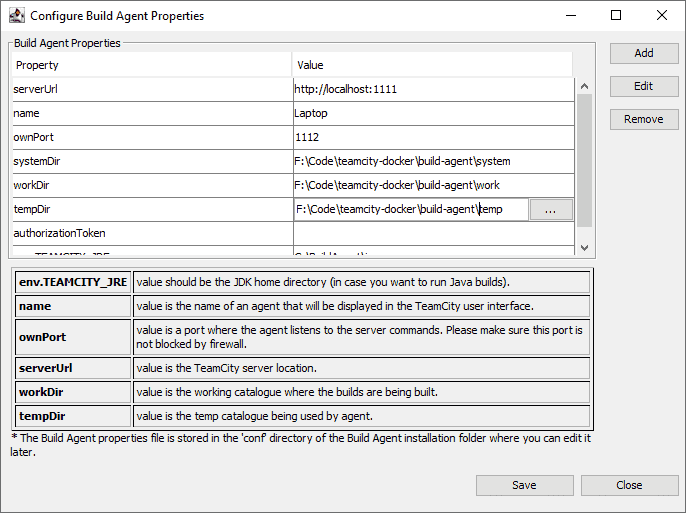 Screenshot showing how to configure a local TeamCity build agent.