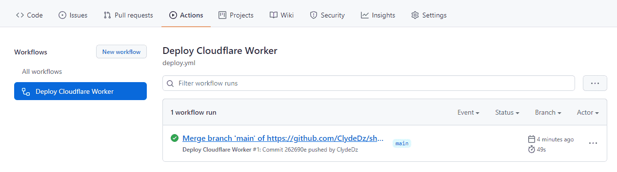 Screenshot of the GitHub Actions tab.