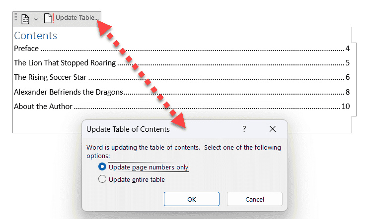 A screenshot of how to update the table of contents in Microsoft Word.