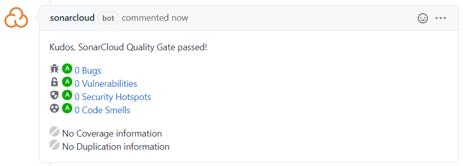 Screenshot of a SonarCloud quality gate comment in a GitHub pull request.