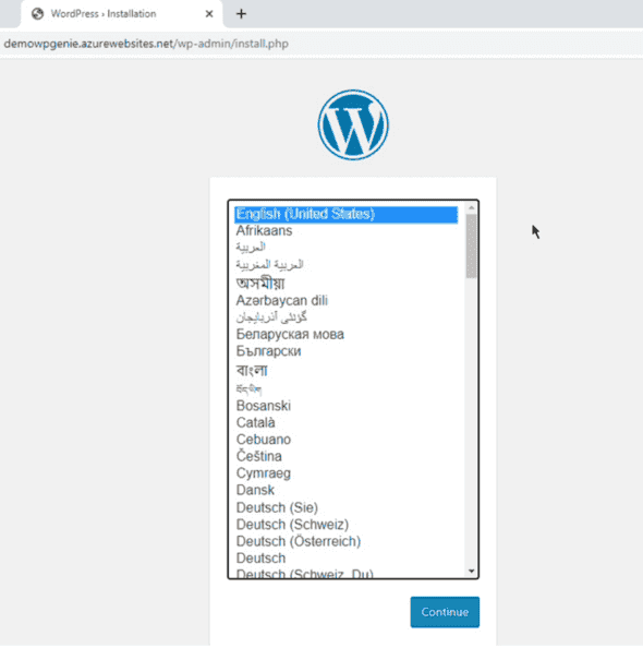 Selecting your WordPress language during installation