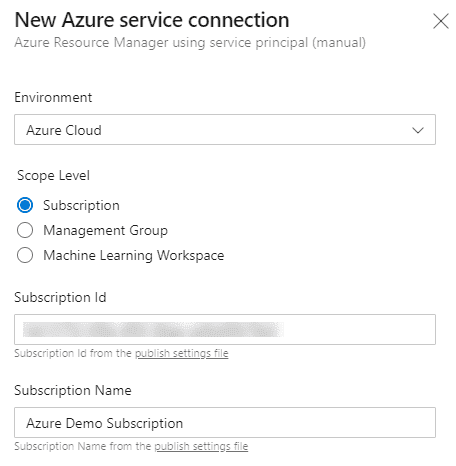 Image showing Azure service connection subscription details