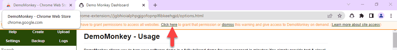 Grant permissions for Demo Monkey to access all sites.