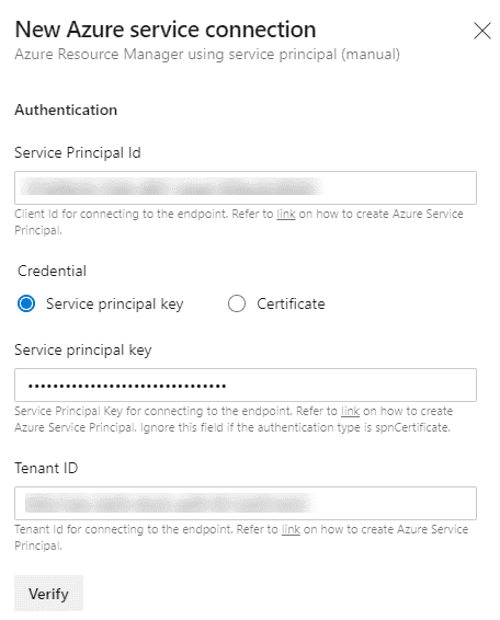 Image showing Azure service connection authentication section